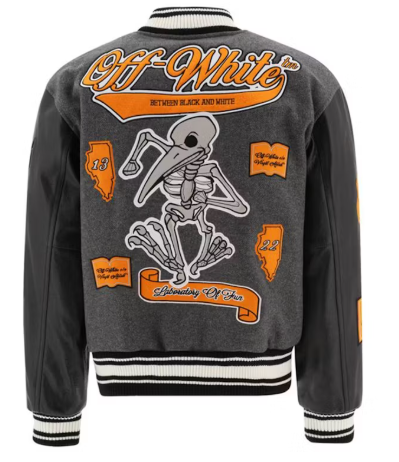 OFF-WHITE Patch Embellished Varsity Bomber Jacket Medium Grey Yellow Black