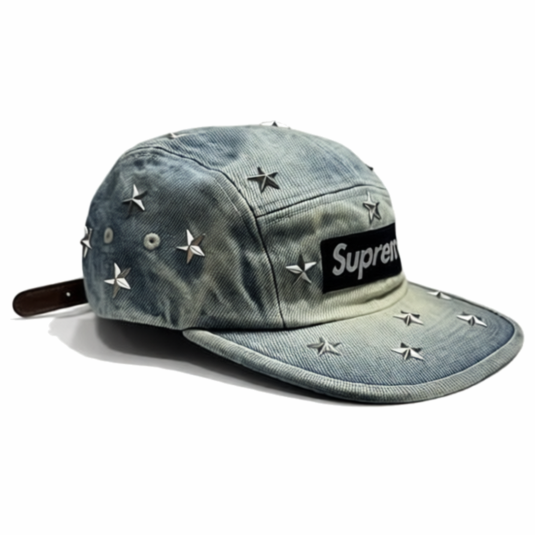 Supreme Gorro Stars Studded Denim Camp Cap Washed Indigo