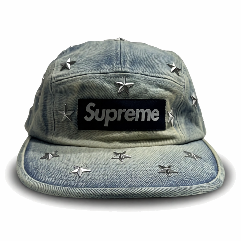Supreme Gorro Stars Studded Denim Camp Cap Washed Indigo