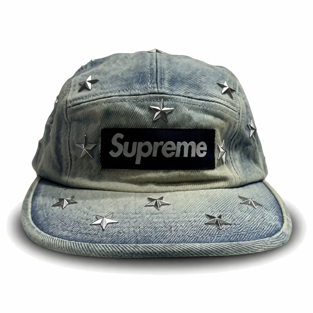 Supreme Gorro Stars Studded Denim Camp Cap Washed Indigo