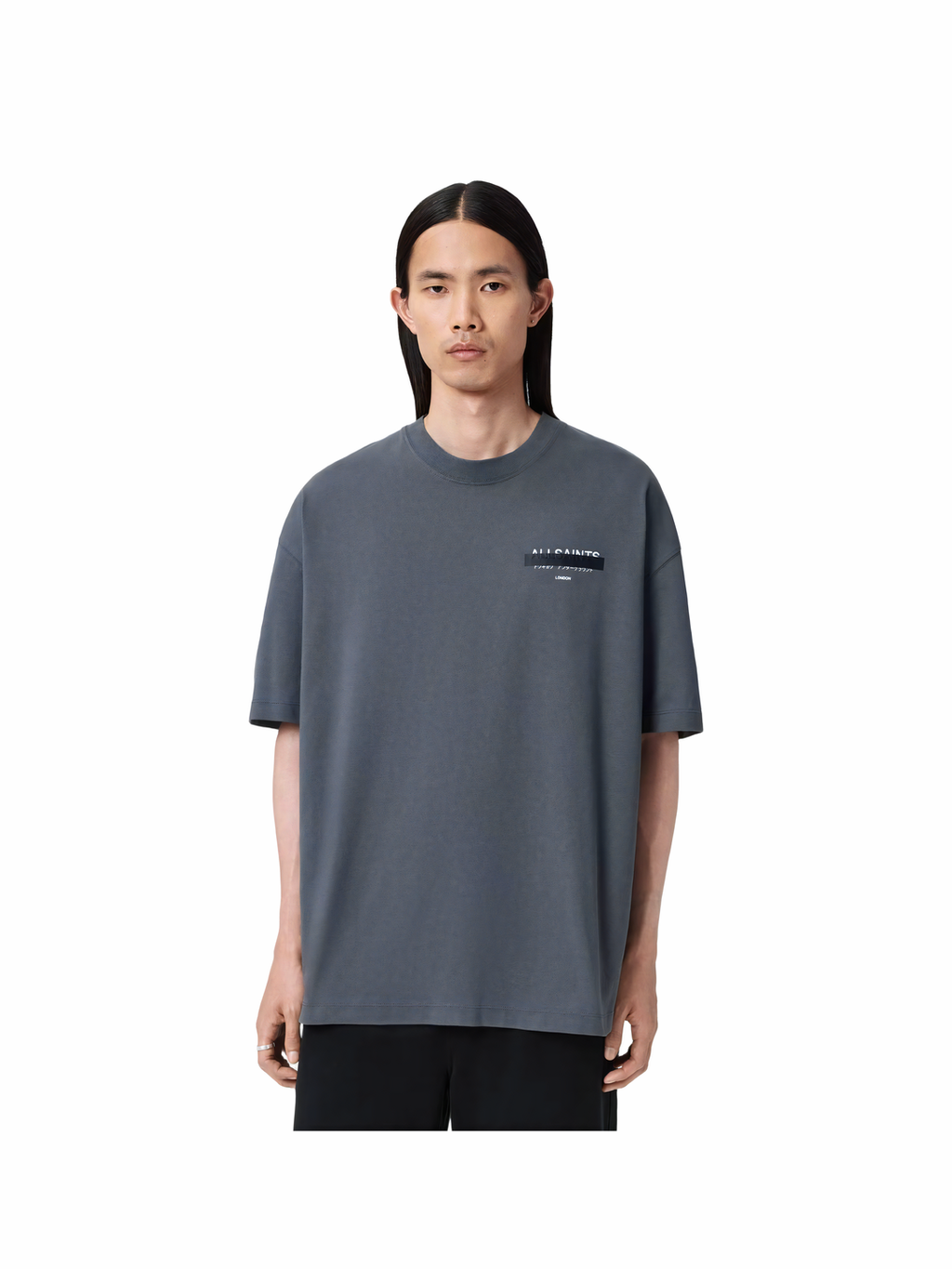 AllSaints Redact Oversized Embroidered Logo T-Shirt Parma Blue