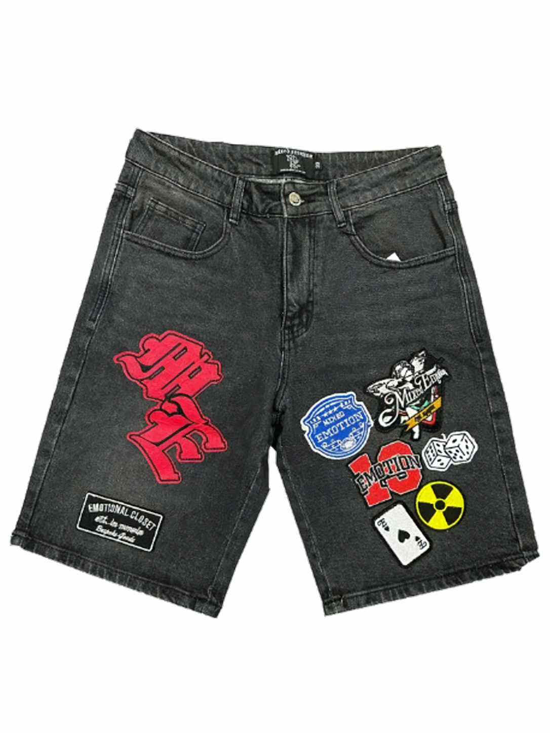 Mixed Emotion Danger Patch Denim Shorts Black