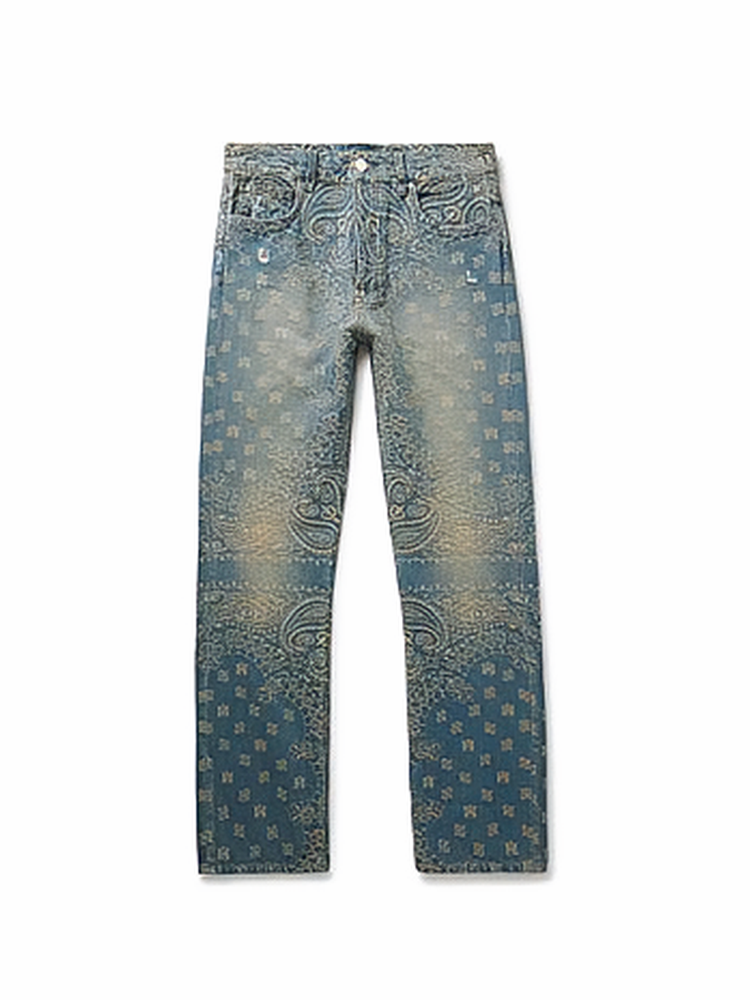 Amiri Straight-Leg Distressed Bandana-Jacquard Jeans Blue