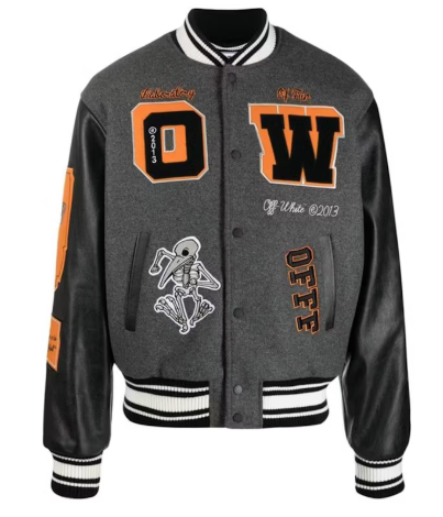 OFF-WHITE Patch Embellished Varsity Bomber Jacket Medium Grey Yellow Black
