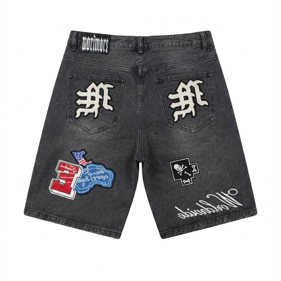 Mixed Emotion Danger Patch Denim Shorts Black