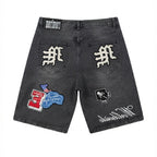 Mixed Emotion Danger Patch Denim Shorts Black