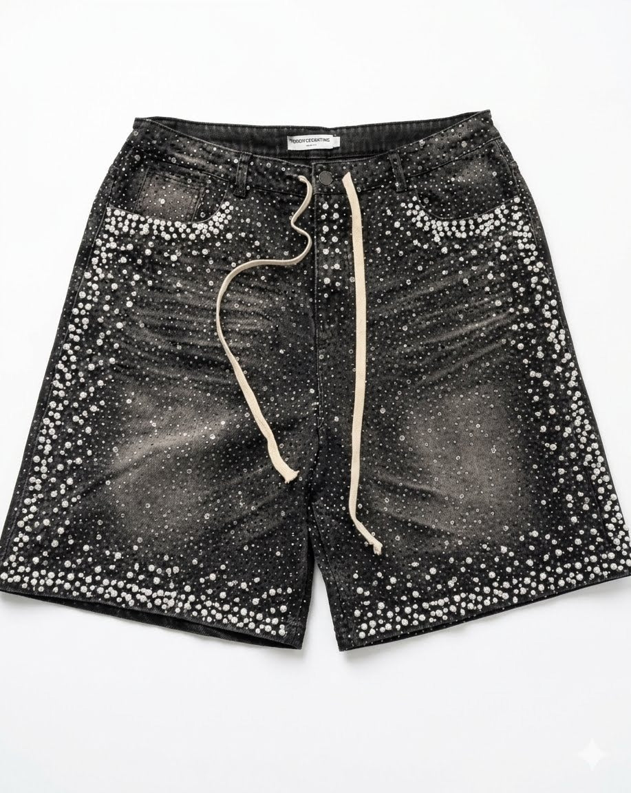Valley Forever Shorts De Mezclilla Con Perlas Grey Acid Wash